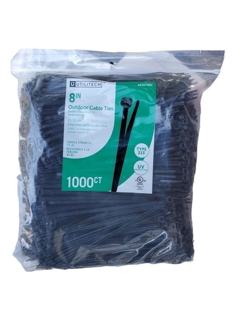 NEW Utilitech 8" Outdoor Cable Ties 1000ct 75lb strength 21S double sided